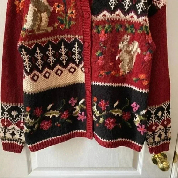 Vintage  Cleo Cardigan Animal Embroidered Grandma Sweater Red Blue Size Medium - Picture 8 of 16